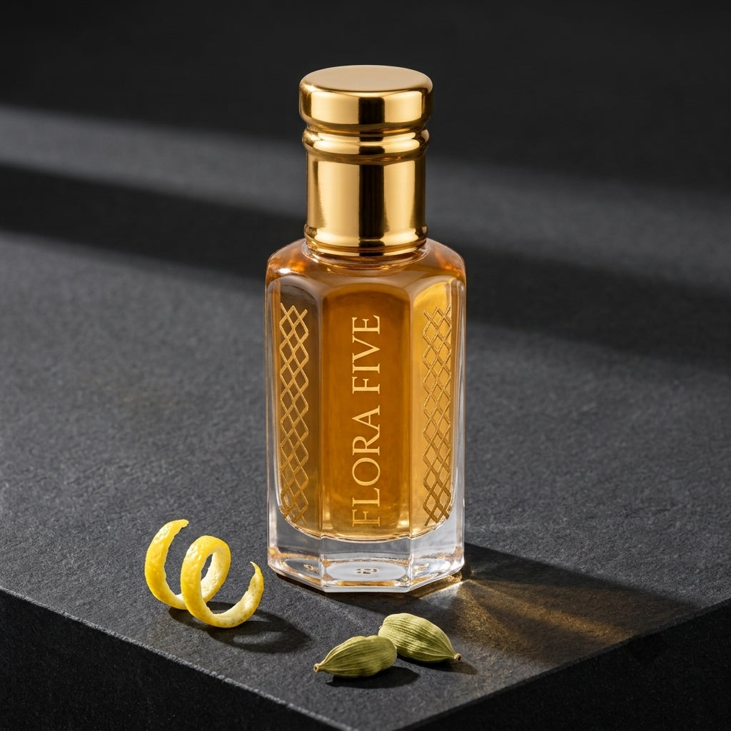 Azzaro The Most Wanted Inspired Attar for men — alcohol-free attar oil by Flora Five: golden amber oil on black stone with lemon peel and cardamom